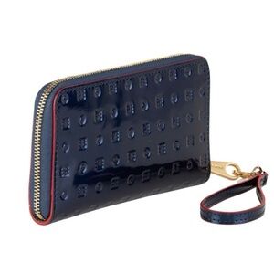 Arcadia brand patent leather wristlet, blue/red embossed logo design 8”x4.25”x1”